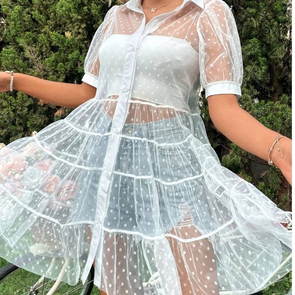 White Boho Womens Polka Dot Puff Sleeve Ruffle Hem Sheer Mesh Dress - Picture 3 of 4